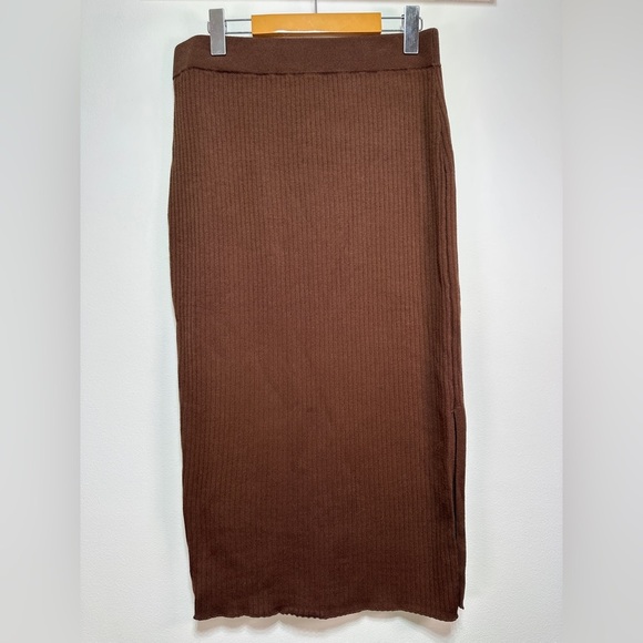 Paper Label Dresses & Skirts - Paper Label | Midi Sweater Skirt | Women's Cotton Blend Brown Ribbed Knit Skirt